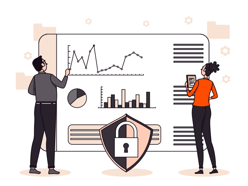 People reviewing security charts and an infrastructure shield