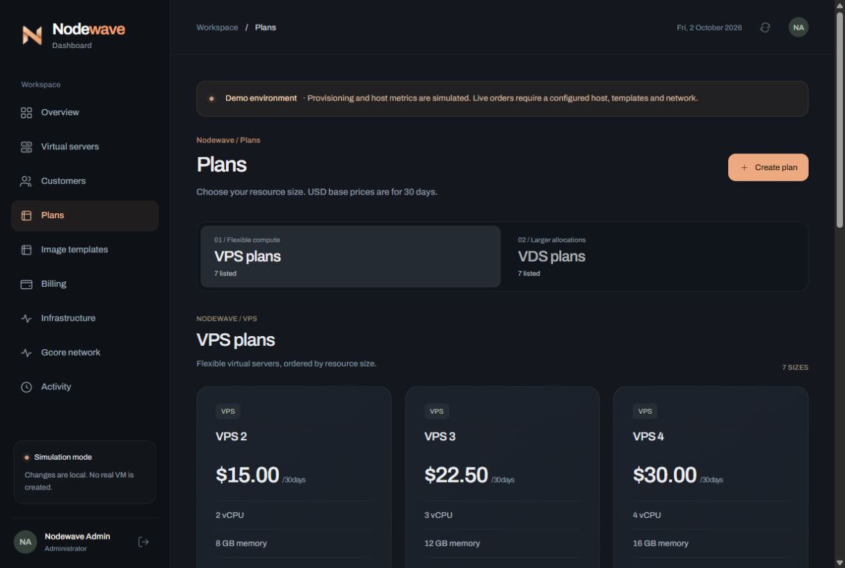 Actual Nodewave dashboard plans screen in demo mode, showing separate VPS and VDS tabs